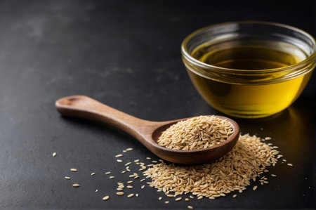 Discover the rich aroma and culinary versatility of sesame oil against a sleek black backdrop, where tradition meets innovation to elevate your culinary creations to new heights of flavor and sophistication.の写真素材