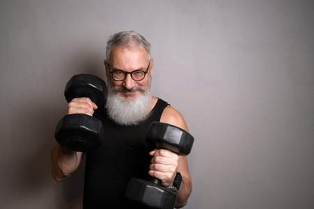 An older man with a white beard in a black tank top, holding dumbbells against a gray background. Symbolizes active aging and health at any age.の写真素材
