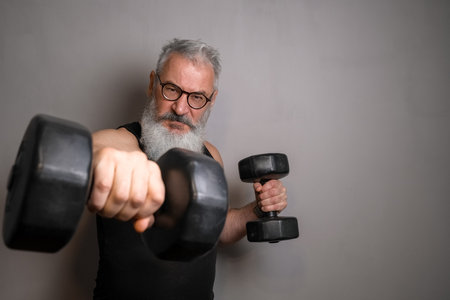 An older man with a white beard in a black tank top, holding dumbbells against a gray background....