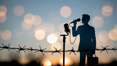 Silhouette of a Journalist with Barbed Wire: A Fight for Press Freedomの素材