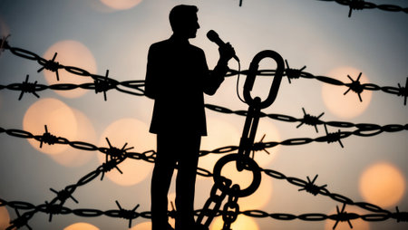 Silhouette of a Journalist with Barbed Wire: A Fight for Press Freedomの素材