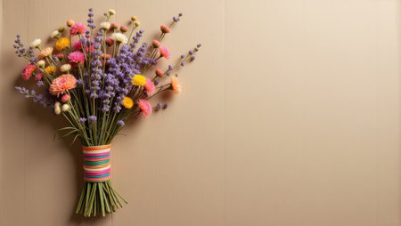 Organic stock photo. Composition: dried wildflowers bouquet tied with multi-colored threads (muted...