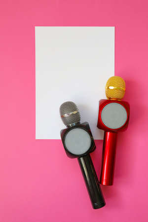 2 microphones on pinkの写真素材