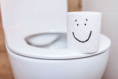 close-up of toilet paper with a painted happy face, on a toilet with an open lid