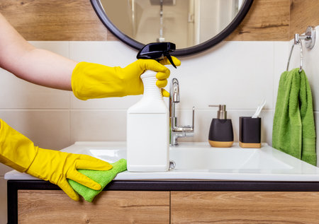 close-up of female hand in a protective glove holds white bottle. Cleaner layout