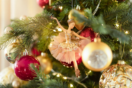 New Years toys, decorations on the Christmas tree. Holiday Merry Christmasの写真素材