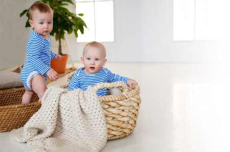 banner with two small children, twins, copy space. babies in marine costumesの写真素材