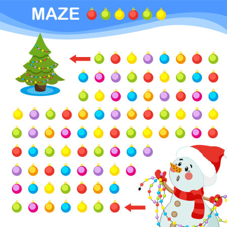 Snowman. Maze game for kids. Christmas printable maze. Logic educational game.のイラスト素材