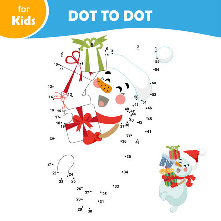 Educational childrens game. Dot by dot. Cute snowman with gifts, mini-games, winter seriesのイラスト素材