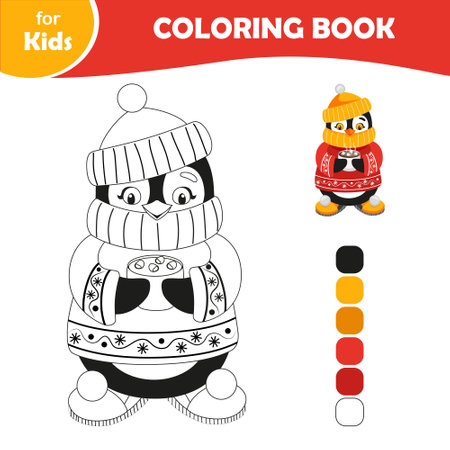 Cute penguin in a sweater with a cup of cocoa. Coloring book for childrenのイラスト素材