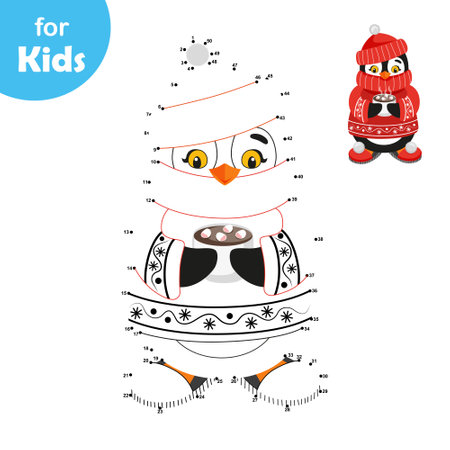 Dot by dot. Penguin in sweater and a cup of cocoa. Educational game for childrenのイラスト素材