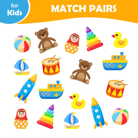 childrens mini games. find match for each childs toy. educational cards, logicのイラスト素材
