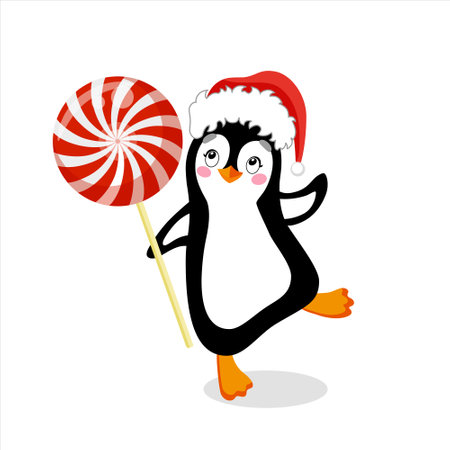 Penguin in New Years hat and with a lollipop in his hands, on white backgroundのイラスト素材