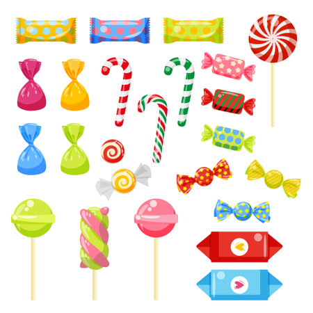 A set of different types of sweets for the holiday. Lollipops, chocolate.のイラスト素材