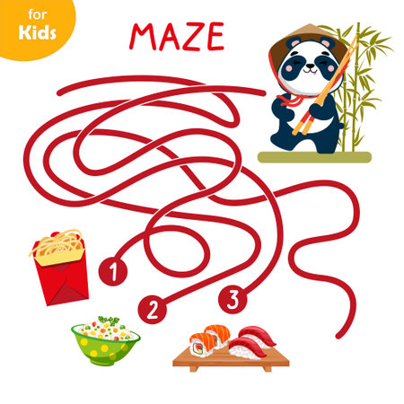 Labyrinth for children. What kind of food will the cute panda eat. food seriesのイラスト素材
