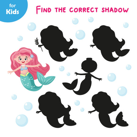 A Series Of Educational Games On The Marine Theme Find A Shadow For The Mermaid. Introduces Children To Marine Animals. An Interactive, Fun Activity That Helps Kids Improve Their Powers Of Observationのイラスト素材
