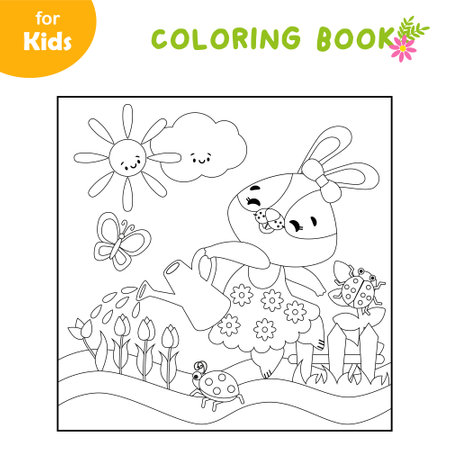 Coloring book for children. Rabbit ballerina watering flowers, Easter, summerのイラスト素材