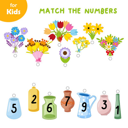 Educational games for children. Mathematics Combine bouquets with vases, numbers.のイラスト素材