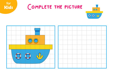 mini games for kids. Drawing. Draw a boat according to the scheme, learn, have funのイラスト素材