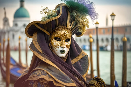 Beautiful colored carnival costume on the street in Venice. Venice Carnival. A woman in a purple dress in a hat with feathers and a carnival mask near the sea and a gondola. Generative AI contentの素材