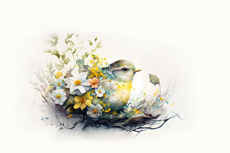 Little bird in the nest. Hand drawn illustration, watercolor style. White background, isolated object. Generative AI content, Postcard, poster or element for designの素材