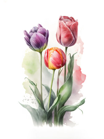 pink tulips on a white background, watercolor technique. isolated object. Design for invitation, postcard, floral design. spring flowers. Generative AI content,の素材