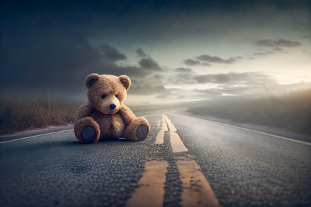 A lost teddy bear lies alone on the road. Clouds and dark sky overhead. The concept of an abandoned, lonely child on a difficult path. The concept of psychological problems. Generative AI contentの素材