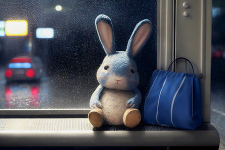 A lost plush bunny lies alone at a bus stop at night under the rain. The concept of an abandoned, lonely child on a difficult path. The concept of psychological problems. Generative AI contentの素材
