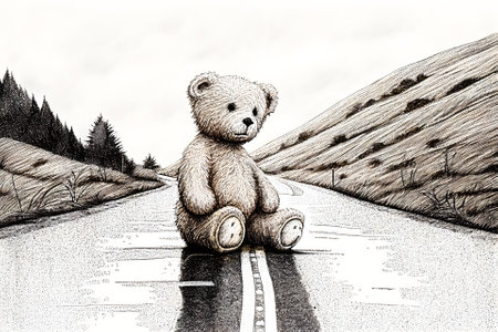 Black and white graphic illustration. An abandoned teddy bear lies alone on the road. The concept of an abandoned, lonely child on a difficult path. psychological problems. Generative AI contentの素材