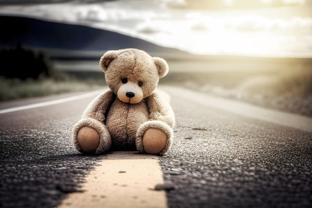 The lost teddy bear lies alone on the road. Dirty Toy lies alone on the paved road. The concept of an abandoned, lonely child on a difficult path. The concept of psychological problems. Generative AI contentの素材