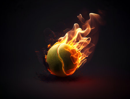 banner, black background. tennis ball on fire on a black background. realistic style. a fast soccer ball, engulfed in fire, flies to the right. Generative AI Content,の素材