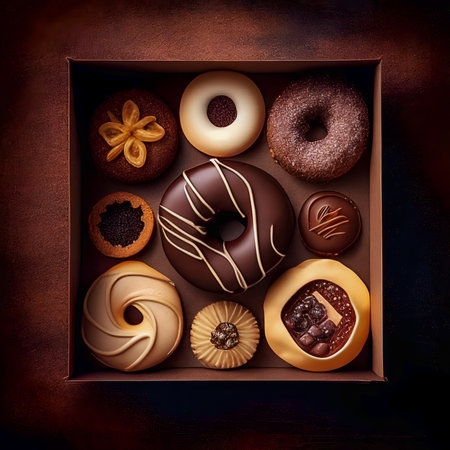 Donuts with chocolate icing, cakes with cream in a box, on a yellow background. American donut, dessert. Foreground. view from above. flat layout. Illustration. Generative AI Content,の素材