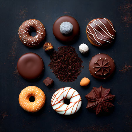 Donuts with chocolate icing and white icing, on a dark background. American donut, dessert. Foreground. view from above. flat layout. Illustration. Generative AI Content,の素材