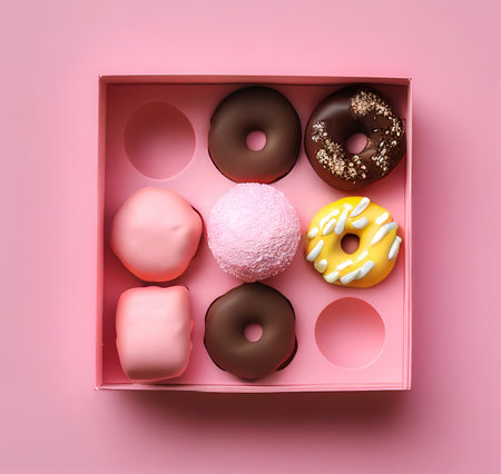 seven bright chocolate appetizing donuts in an open pink box, on a pink background. confectionery illustration. It can be used in postcards, bakery menus, restaurants, packages. Generative AI Content,の素材