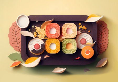 top view illustration, flat lay. Banner with menu for sushi bar. Big set with rolls and sashimi, raw fish, on a dark background. The concept of healthy food, Asian cuisine. Generative AI Content,の素材