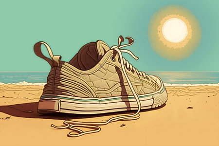summer holiday concept. Pair of sneakers on the beach. one sneaker on the seashore, illustration in the style of posters of the 70s. Sunny day. postcard. Generative AI content,の素材