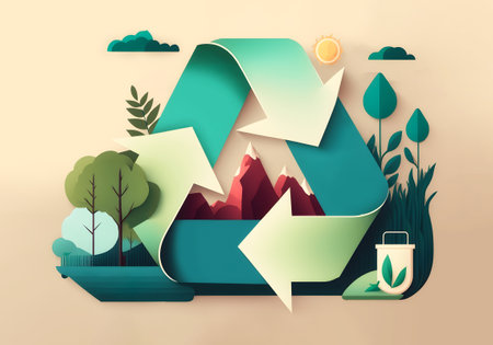 Garbage recycling logo. Reuse Reduce reuse. earth day. Conscious consumption. paper art. Logo on the background of mountains and forests, landscape. Saving the planet from garbage. Generative AI contentの素材