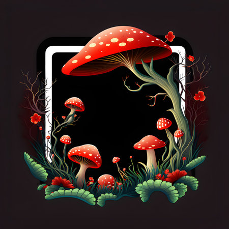 design banner, poster in a fabulous style on a black background. Wooden frame on which mushrooms, fly agaric and flowers grow. Design of a fairy tale book, banner, poster. isolated objectの素材