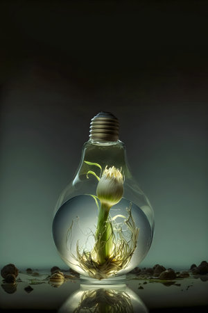 A flower blooms in a glass bulb. On a dark background. energy saving concept. earth day. sprout in a light bulb against the background of a summer forest. Generative AI content,の素材