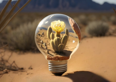 Light bulb with a cactus inside on the background of the desert. Earth day, protection and conservation of energy. the problem of global warming and the preservation of life on earth. Generative AI Content,の素材