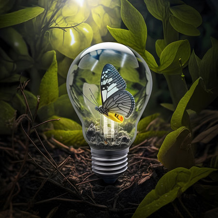 butterfly in a light bulb on the background of a summer forest. energy sources for renewable, sustainable development. earth day. Ecology and environment concept. Generative AI Content,の素材