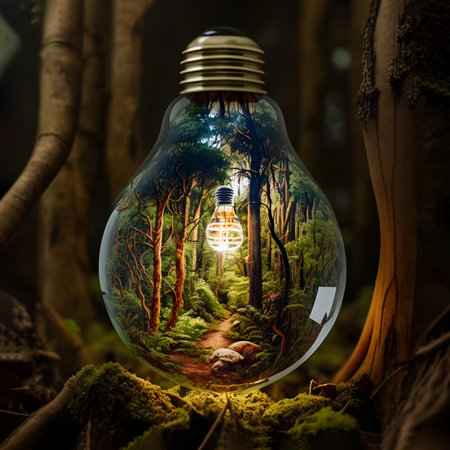 Inside the light bulb is a forest. light inside. The concept of environmental conservation and global warming plants growing inside an incandescent lamp. Generative AI Content,の素材