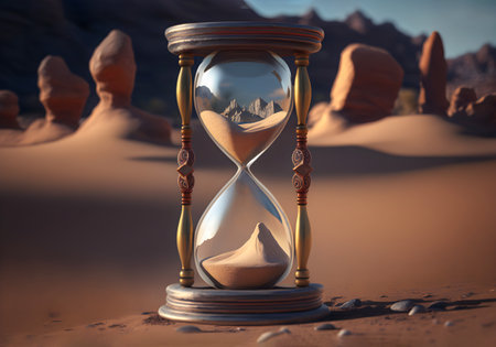 vintage hourglass on the background of the desert, sandstorms. Ecology concept. Last days of the earth. Earth day, renewable resources. Generative AI Content,の素材
