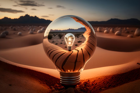 Light bulb with a light bulb inside on the background of the desert. Earth Day, protection and conservation of energy. the problem of global warming and the preservation of life on earth. Generative AI Content,の素材