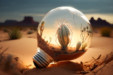 Light bulb with a cactus inside on the background of the desert. Earth day, protection and conservation of energy. the problem of global warming and the preservation of life on earth. Generative AI Content,の素材