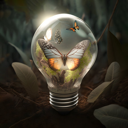 butterfly in a light bulb on the background of a summer forest. energy sources for renewable, sustainable development. earth day. Ecology and environment concept. Generative AI Content,の素材