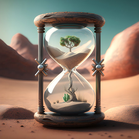 vintage hourglass on the background of the desert, sandstorms. Ecology concept. Last days of the earth. Earth day, renewable resources. Generative AI Content,の素材
