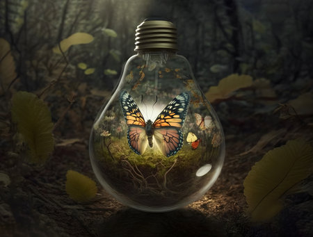 butterfly in a light bulb on the background of a summer forest. energy sources for renewable, sustainable development. earth day. Ecology and environment concept. Generative AI Content,の素材