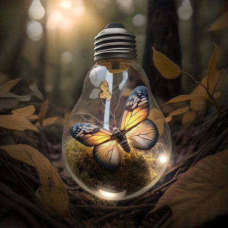 butterfly in a light bulb against the backdrop of an autumn forest. energy sources for renewable, sustainable development. earth day. Ecology and environment concept. Generative AI Content,の素材