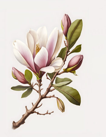 Branch with magnolia flowers. Flowering branch, spring collection. White background, cut out object, isolated object. Botanical elements for design, cover, wedding cards, party invitation, backgroundの素材